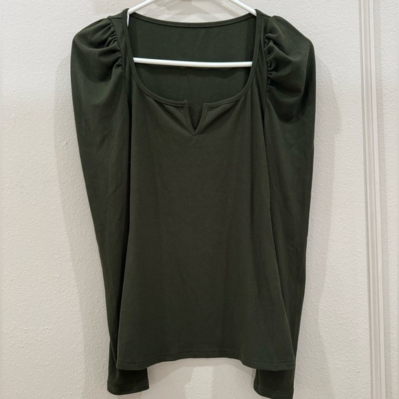 None Tops - Dark Green Puff Sleeve Ribbed Long Sleeve Top